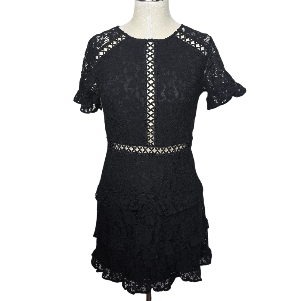 Divided H&M Black Lace Sheer Eyelet Cut Out Tiered Keyhole Dress S